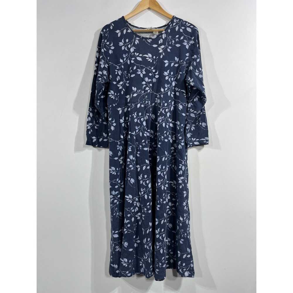 LL Bean Cottagecore Boho Navy Blue Leaf Print Cotton Jersey Midi Dress Large Pet